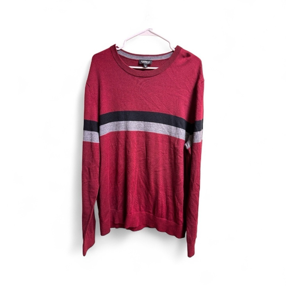 Express Men’s Merino Wool Blend Sweater XXL Red Gray Stripe Pullover